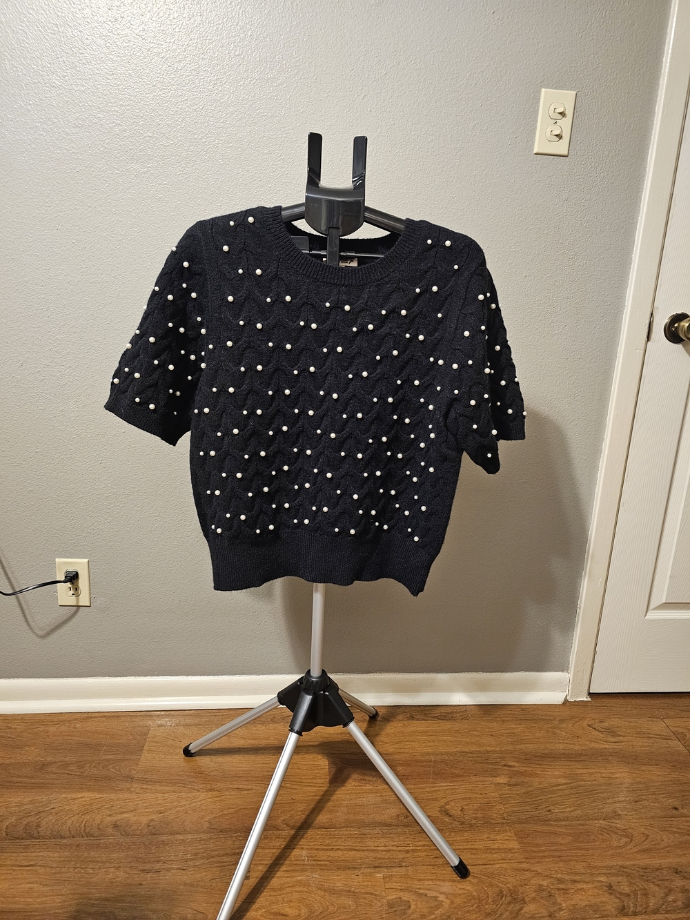Nanette Lepore Black Short Sleeve Knit Sweater with Pearl Accents